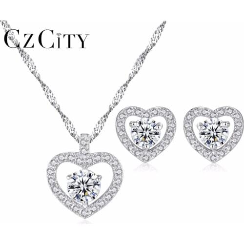 CZCITY Genuine 925 Sterling Silver Jewelry Set Heart Shape Vintage Style Clear CZ Crystal Jewelry Sets Sterling Silver Jewelry