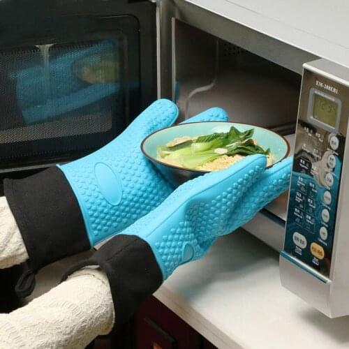 Long Thick Silicone Gloves Heat-resistant Non-slip Microwave Oven Mitts Kitchen BBQ Baking Cooking Canvas Stitching Oven Gloves