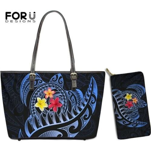 FORUDESIGNS 2021 Hot Sales Fashion Women Leather Handbags And Wallet 2Set Maori Turtle Silver Fern 3D Printed Female Casual Tote