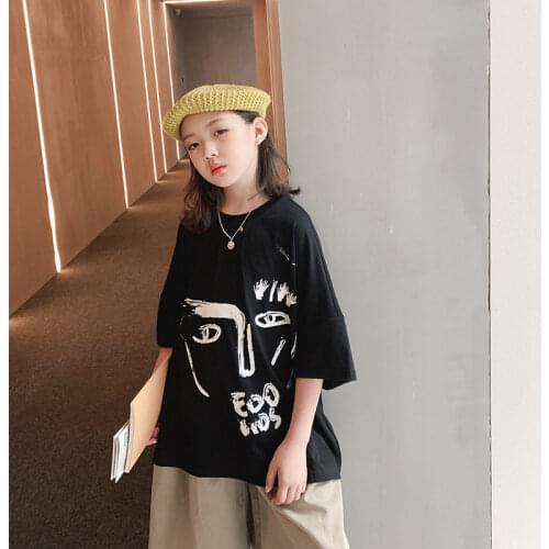 Teen Girls Fashion Abstract Art Print T-Shirt With Three-Quarter Sleeves Cotton Tops Black Color Summer Children Tees 5-13Years