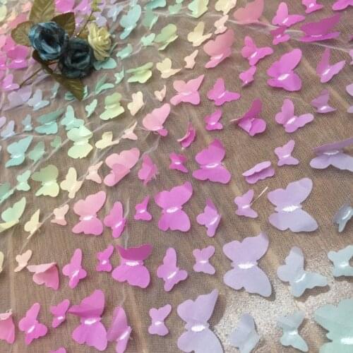 1yard 130cm Wide Rainbow Color Butterfly 3D Applique Lace Fabric Gradient Flowers Childrens Clothing DIY White Color Lace Cloth