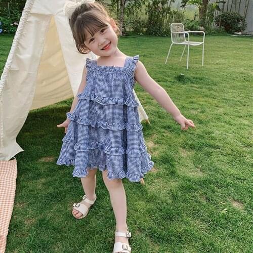 Summer Girls Dress ChildrenS Clothing Toddler Baby Kids Suspender Plaid Vest Dress Lace stitching Cake Princess Dress