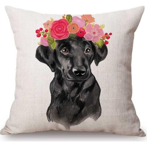 Lovely dog Flower Crown Hand Sketch Sofa Decorative Pillow Case Cotton Linen Puppy Dogs Car Pillow Cover Capa de Almofada 45x45