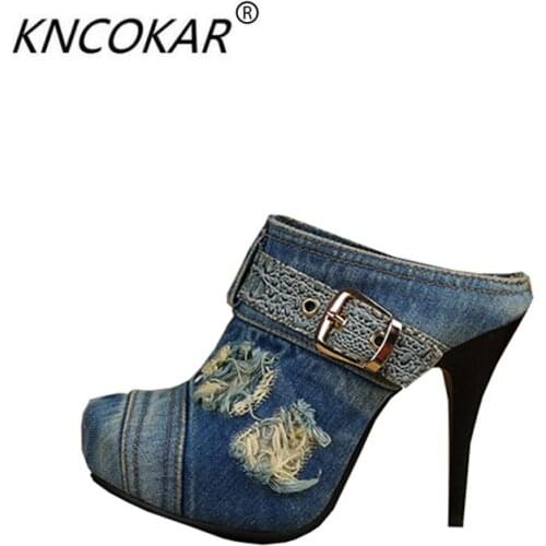 Sexy and fashionable nightclub with fine with high quality spring and summer in baotou denim fashion sandals, slippers