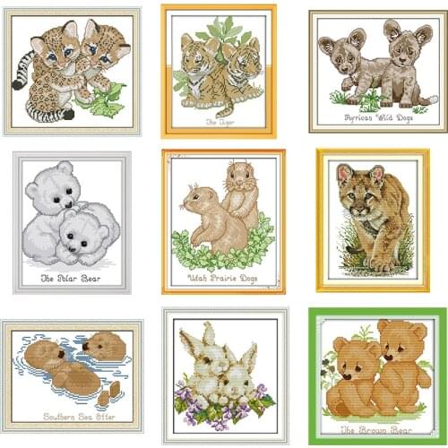Tiger Leopard Polar Bear Animal Patterns Printed Cross Stitch Kit 14CT 11CT Printed on Canvas Cross Stitch DIY Embroidery Set
