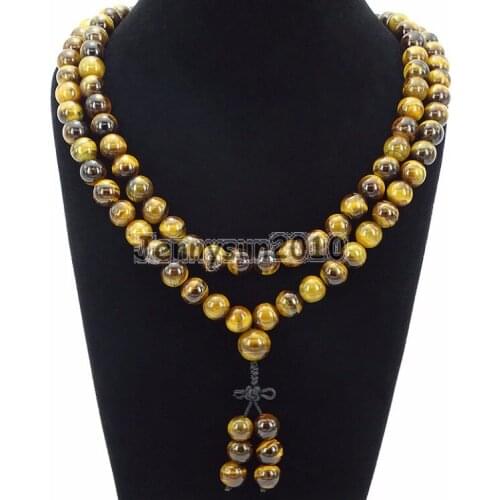 Natural Tigers Eye 10mm Gems Stone Buddhist 108 Bead Prayer Mala Long Necklace Multi-Purpose Bracelet Necklace 5Strands/Pack