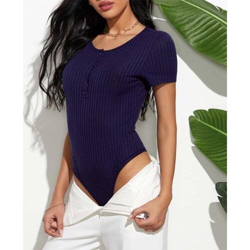 Summer New Short Sleeve Bodysuit Women O Neck Striped Button Decoration Female Casual Streetwear Bottoming Shirt One Piece Sets