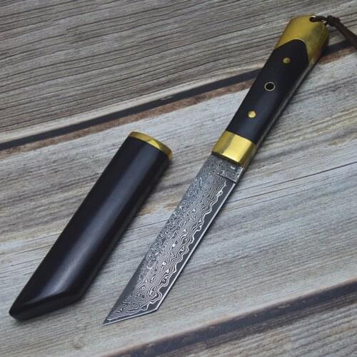 High-end VG10 Damascus Steel Tanto Fixed Blade Brass+Wood Handle Sheath Outdoor Tactical Survival Knife Hunting Military Samurai