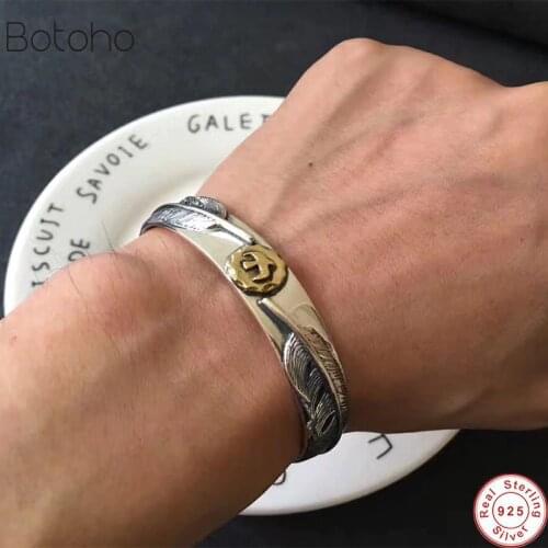 Solid Sterling Silver colour 925 Feather Cuff Bangle Bracelet Men Women Vintage Indian Style Top Fashion Silver 925 Men Jewelry