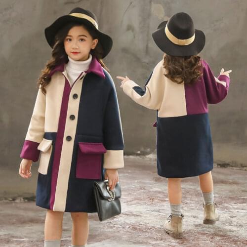 Teen Girls Coat Spring Woolen Outerwear For Girls Patchwork Color Long Kids Jacket Teen Girl Outerwear 6 8 12 14 Year Autumn