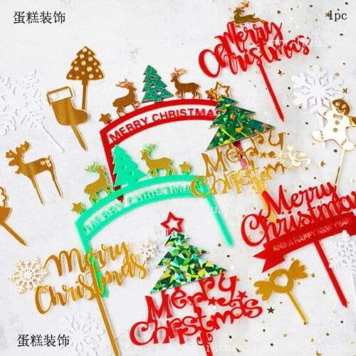Merry Christmas Round Cake Baking Topper Hairball Elk Christmas tree Acrylic Lnsert Card Decoration Cake Festival Party Supplies