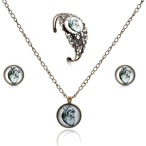 Lureme Time Gem Series Glass Charm Stud Earrings Hollow Flower Cuff Bracelet & Bangle and Pendant Necklace Jewelry Set for Women