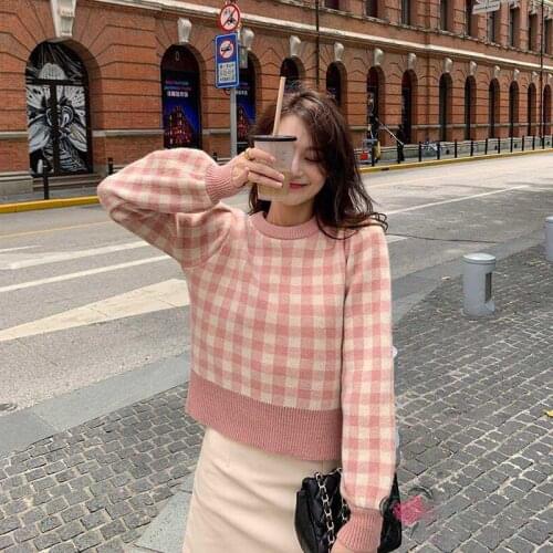 Ladies Short Sweater Pullovers Autumn Winter Women Lantern Sleeve O Neck Plaid Sweater Female Top Clothes Women Knitted Sweater