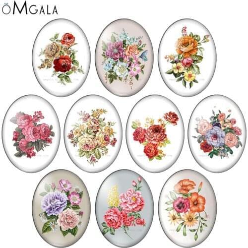 Vintage Rose Flowers Floral Illustrations 13x18mm/18x25mm/30x40mm Oval photo glass cabochon flat back Making findings