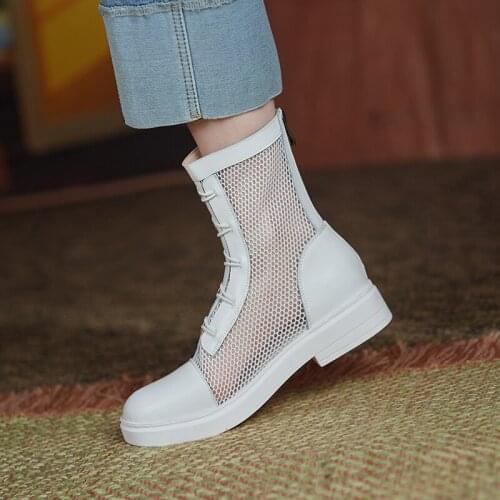 QZYERAI Summer European Genuine Leather Womens Network Boots Ankle Cool Round Head Sexy 100% of Cattle Leather Boots