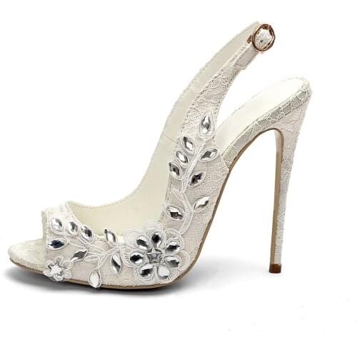 Fericzot 2020 Sexy Bling Silver Crystal Wedding Party Shoes White Lace Flower Peep Toe Slip-on High Heels Women Pumps 12CM
