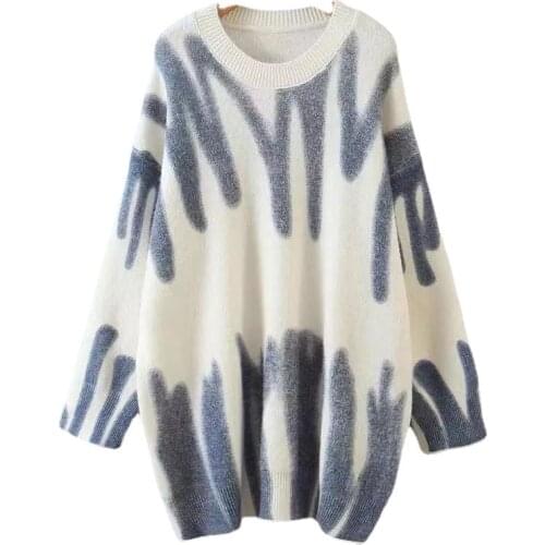 2021 New Style Womens Striped Printing Long Loose Sweater Warm And Elegant Jacket Round Neck Winter Series Korean Knit