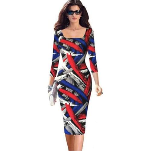 Vestidos Business Party New womens 7-sleeve color striped graffiti slim pencil Neck Office Bodycon Sheath Dress Square collar