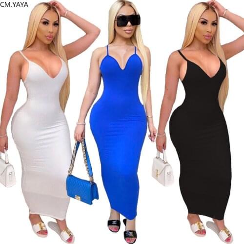 CM.YAYA Women Summer Spaghetti Strap V-neck Sleeveless Bodycon Midi Pencil Maxi Dress Sexy Party Club Long Dresses