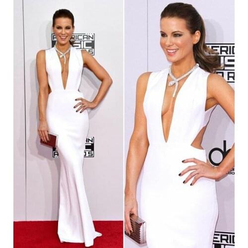 Long Deep V-Neck White Celebrity Dresses Mermaid Robe De Soiree Floor Length Satin Formal Dresses for Women