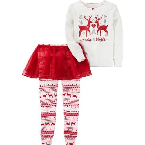 Funfeliz Winter Girls Sleepwear Kids Christmas Pajamas Children clothing set Full Sleeve Pyjama with Skirt Reindeer Girl clothes