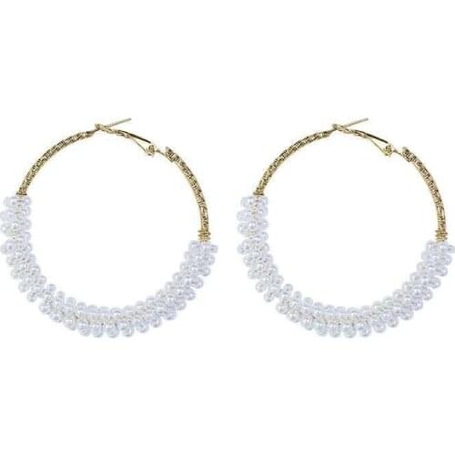 1 Pair Fashion 50mm Big Round Circle Imitation Pearl Gold-color Flower Cut Loop Earring For Women Fashion Party Jewelry Gifts