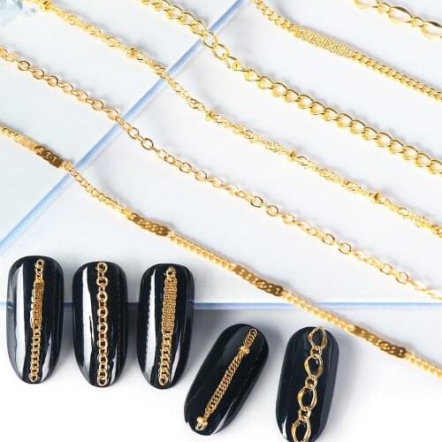 6pc Mixed Metal Chains Rhinestones Chains Nail Art Decoration Gold Silver Beads Line for Tips DIY Manicure Accessories TRFB01-04