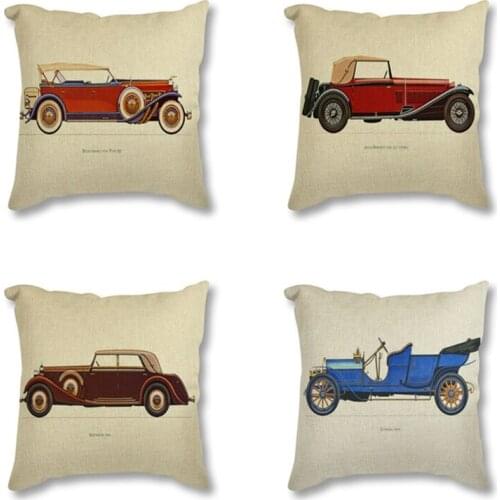 Antique Car Printed Square Pillow 45x45cm Bedroom Decor Linen Cotton Cushion For Sofa Car Decoration Seat Decorative Cushion