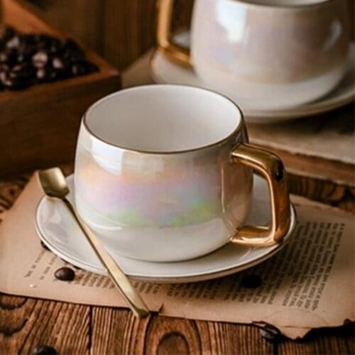 Aurora pearl glaze Ceramic Afternoon Black Tea Cups And Saucers With Spoon Coffee Cup With Tray Porcelain Drinkware Set