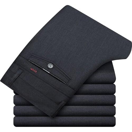 Spring Summer New MenS Casual Suit Pants Middle-Aged Business High Waist Loose Straight-Leg Trousers Male Stretch Brand Clothes