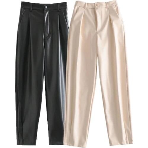 Za Womens PU Pant Harem High Waist Trousers Faux Leather Beige Ladies Pockets Pant Woman Solid Elegant Winter Pant Warm Trouser