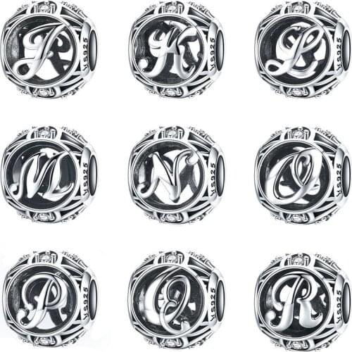 BISAER Hot Sale 925 Sterling Silver Letter of Alphabet A to Z Letter Beads Charms Fit Original Charm Bracelet DIY Jewelry Making