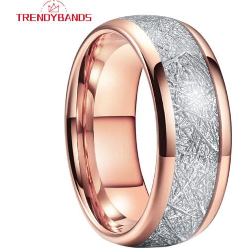 8mm Rose Gold Tungsten Carbide Ring for Men Women Wedding Bands Rings Meteorite Inlay Dome Polished Shiny Comfort Fit