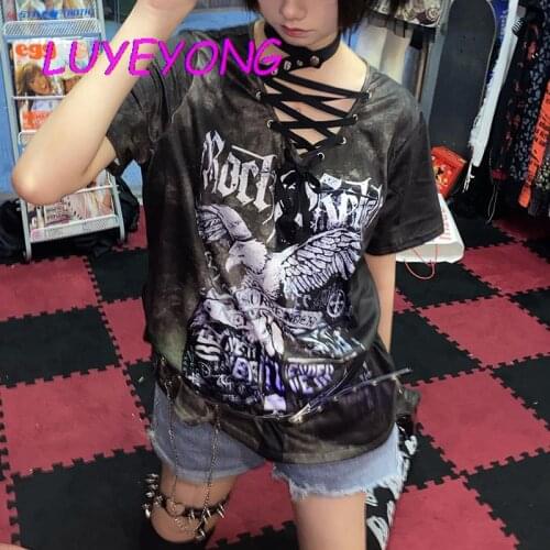 Korean Fashion Cloth Lady Gothic Skull Eagle Print Eyelet V Neck T-shirt Punk Women Harajuku Thin T Shirt Summer Lace-up Top