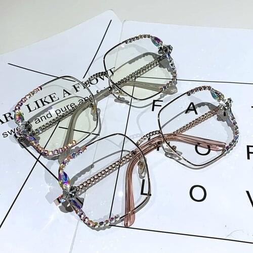 Fashion Square Sunglasses Women Metal Frame Blue Light Blocking Glasses Rhinestone Eyeglasses Frame Glasses Clear Shades Uv400