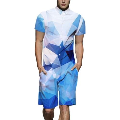Summer Mens New Design Romper 3D Blue White Gradient Lattice Print Playsuit Male Short Sleeve Beach Sets Casual Jumpsuit US Size
