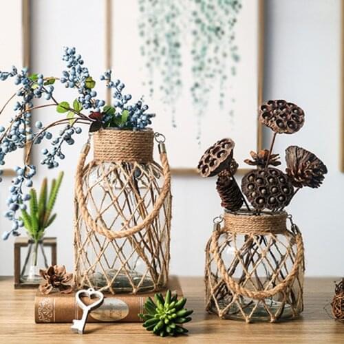 New 2021 Hydroponics Braided Rope Glass Transparent Vintage Vase Home Decor Glass Transparent Vase Hemp Rope Floral Display
