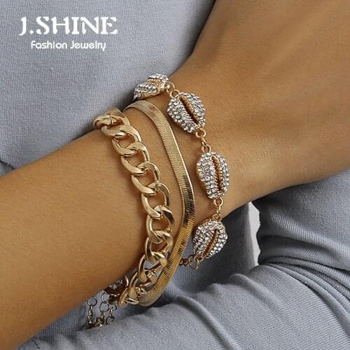 JShine Boho Crystal Shell Flat Snake Chain Bracelet Bangle for Women Men Gold Color Metal Chunky Link Bracelets Wrist Jewelry