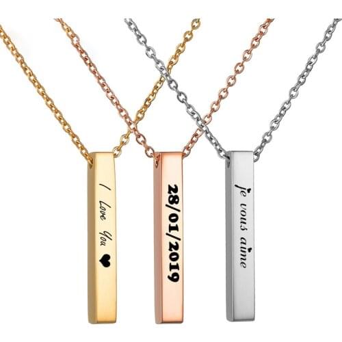 Custom Stainless Steel Engraved Rectangular Necklace Personalized Name Date Bar Lucky Number Pendant For Women Men Jewelry Gift