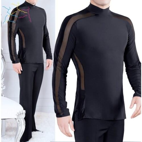 MenS Autumn New Professional Latin Dance Long-Sleeved Practice Shirt Mesh Stitching Competition Ballroom Men Shirts DWY2228
