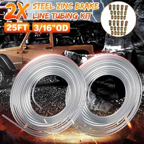 2pcs 25Ft 7.62m Coil Roll of 3/16"OD Steel Zinc Brake Transmission Line Fuel Tubing Kit with 15 Fittings Replacement Accessories