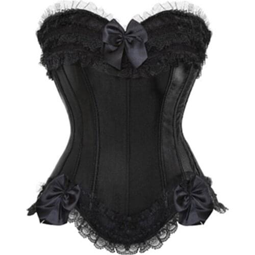 Sexy Satin Lace overlay Overbust Corset Top Zipper Side Bowknot Decorated Clubwear Showgirl Body Shaper Plus Size S-6XL