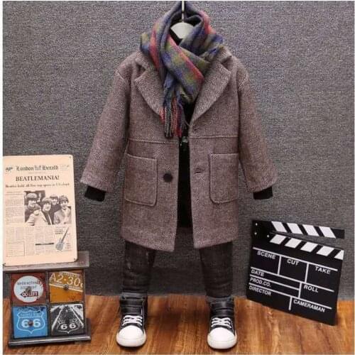 Boys Woolen Coat 2021 Winter New Fashion Solid Turn Collar Warm Outwear 3-14T Children Overcoat High Quality