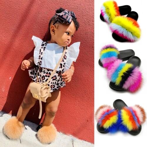 Kids Fur Slides Real Fox Slippers Raccoon Fur Slides Toddler Baby Girls Shoes Plush Flats Sandals Warm Shoes Cute Furry Slides