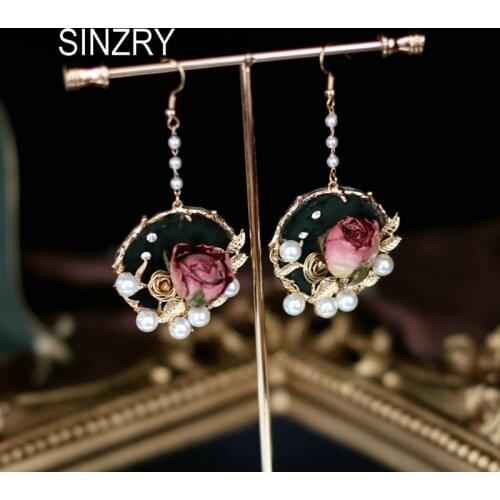 SINZRY original handamde preserved rose flower vintage exaggerated dangle earrings fashion jewelry