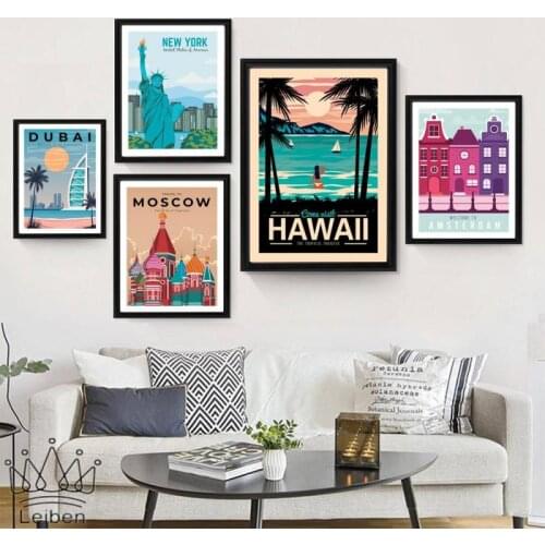 Nordic City Landscape Canvas Painting Hawaii Moscow New York Dubai Amsterdam Poster Modern Wall Art Picture Living Room Decor