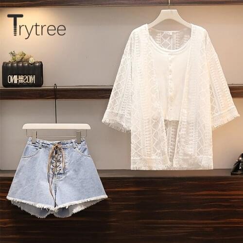 Trytree 2020 Spring Summer Women Three piece sets Casual O-neck Lace Tassel Tops + Shorts cowboy Drawstring Set 3 Piece Set