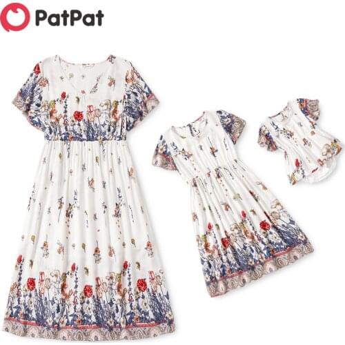 PatPat Floral Print V-neck Ruffle-sleeve Matching Vintage dresses
