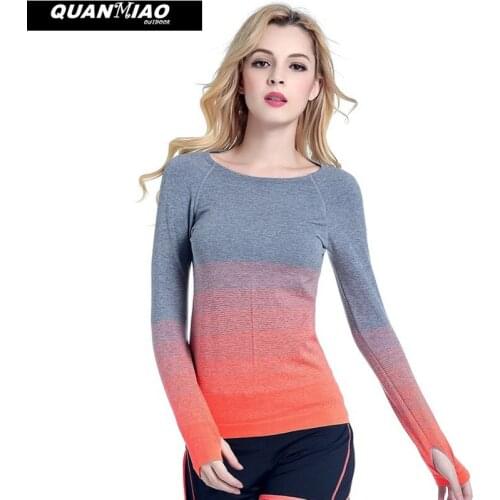 Women Professional Yoga Sport Gradient Color T Shirt Long Sleeves Hygroscopic QuickDry Fitness Elastic T-shirt Women Top Shirts