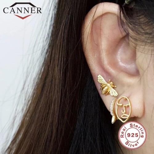 CANNER Female Earrings Fashion 925 Sterling Silver Filled Jewelry Cute Double Stud Earrings For Women Bee Lotus Dog Cat Paw